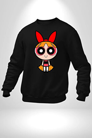 Blossom - Powerpuff Girls Karakter Tasarımı Erkek Kadın Unisex Dijital Baskılı Siyah Sweatshirt