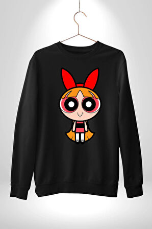 Blossom - Powerpuff Girls Karakter Tasarımı Erkek Kadın Unisex Dijital Baskılı Siyah Sweatshirt