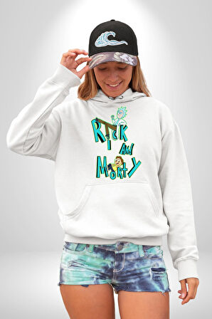 Rick and Morty - Bilim Kurgu Macera Teması Erkek Kadın Beyaz Dijital Baskılı Kapüşonlu Sweatshirt Hoodie