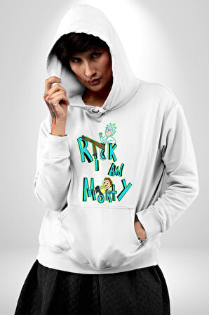 Rick and Morty - Bilim Kurgu Macera Teması Erkek Kadın Beyaz Dijital Baskılı Kapüşonlu Sweatshirt Hoodie