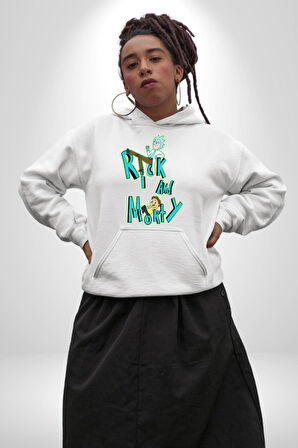Rick and Morty - Bilim Kurgu Macera Teması Erkek Kadın Beyaz Dijital Baskılı Kapüşonlu Sweatshirt Hoodie