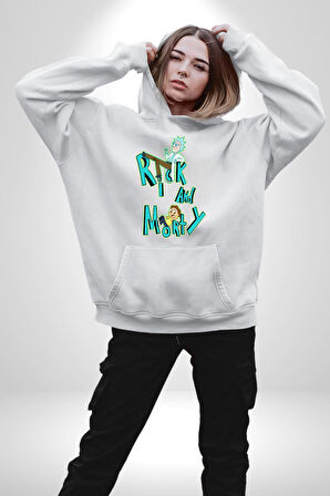 Rick and Morty - Bilim Kurgu Macera Teması Erkek Kadın Beyaz Dijital Baskılı Kapüşonlu Sweatshirt Hoodie