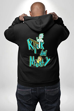 Rick and Morty - Bilim Kurgu Macera Teması Erkek Kadın Siyah Ön Sırt Baskılı Kapüşonlu Sweatshirt Hoodie