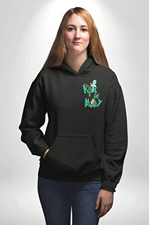 Rick and Morty - Bilim Kurgu Macera Teması Erkek Kadın Siyah Ön Sırt Baskılı Kapüşonlu Sweatshirt Hoodie