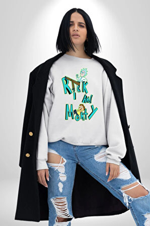 Rick and Morty - Bilim Kurgu Macera Teması Erkek Kadın Unisex Dijital Baskılı Beyaz Sweatshirt