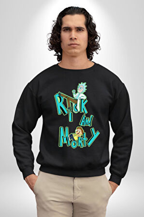 Rick and Morty - Bilim Kurgu Macera Teması Erkek Kadın Unisex Dijital Baskılı Siyah Sweatshirt