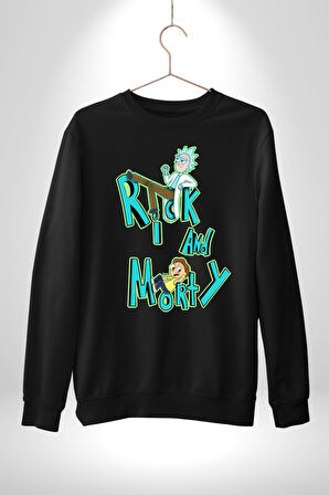 Rick and Morty - Bilim Kurgu Macera Teması Erkek Kadın Unisex Dijital Baskılı Siyah Sweatshirt