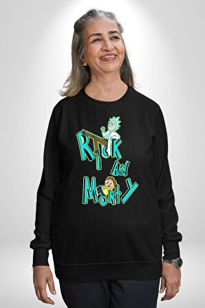 Rick and Morty - Bilim Kurgu Macera Teması Erkek Kadın Unisex Dijital Baskılı Siyah Sweatshirt