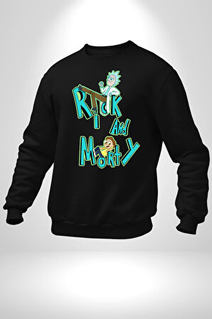 Rick and Morty - Bilim Kurgu Macera Teması Erkek Kadın Unisex Dijital Baskılı Siyah Sweatshirt