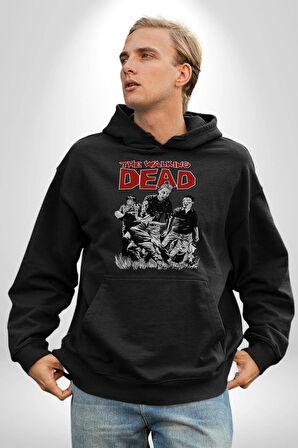 The Walking Dead - Rick Grimes ve Zombiler Erkek Kadın Siyah Dijital Baskılı Kapüşonlu Sweatshirt Hoodie