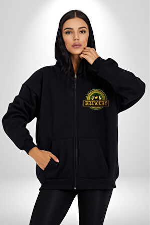 Craft Brewery - Geleneksel Bira Üretimi Logosu Erkek Kadın Siyah Fermuarlı Baskılı Hırka Sweatshirt