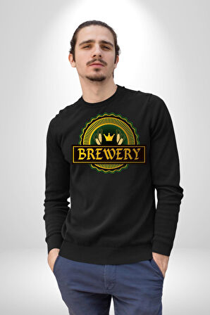 Craft Brewery - Geleneksel Bira Üretimi Logosu Erkek Kadın Unisex Dijital Baskılı Siyah Sweatshirt