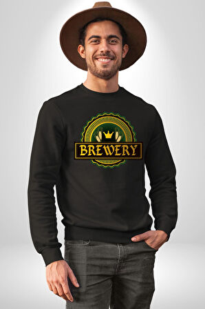 Craft Brewery - Geleneksel Bira Üretimi Logosu Erkek Kadın Unisex Dijital Baskılı Siyah Sweatshirt