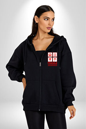 Kırılabilir - Dikkatli Taşıyınız İşareti Erkek Kadın Siyah Fermuarlı Baskılı Hırka Sweatshirt