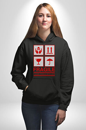 Kırılabilir - Dikkatli Taşıyınız İşareti Erkek Kadın Siyah Dijital Baskılı Kapüşonlu Sweatshirt Hoodie