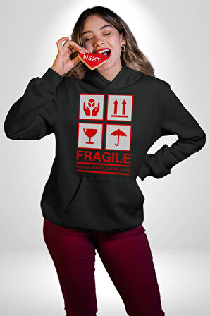Kırılabilir - Dikkatli Taşıyınız İşareti Erkek Kadın Siyah Dijital Baskılı Kapüşonlu Sweatshirt Hoodie
