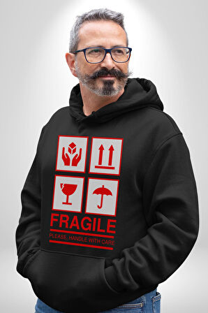 Kırılabilir - Dikkatli Taşıyınız İşareti Erkek Kadın Siyah Dijital Baskılı Kapüşonlu Sweatshirt Hoodie