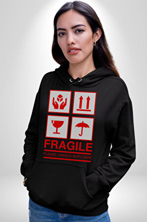 Kırılabilir - Dikkatli Taşıyınız İşareti Erkek Kadın Siyah Dijital Baskılı Kapüşonlu Sweatshirt Hoodie