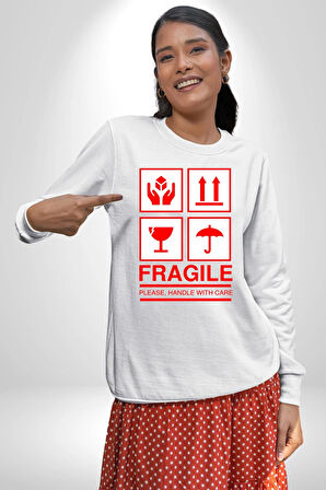 Kırılabilir - Dikkatli Taşıyınız İşareti Erkek Kadın Unisex Dijital Baskılı Beyaz Sweatshirt