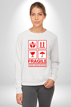 Kırılabilir - Dikkatli Taşıyınız İşareti Erkek Kadın Unisex Dijital Baskılı Beyaz Sweatshirt