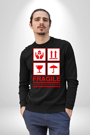 Kırılabilir - Dikkatli Taşıyınız İşareti Erkek Kadın Unisex Dijital Baskılı Siyah Sweatshirt