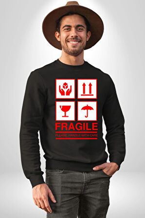 Kırılabilir - Dikkatli Taşıyınız İşareti Erkek Kadın Unisex Dijital Baskılı Siyah Sweatshirt