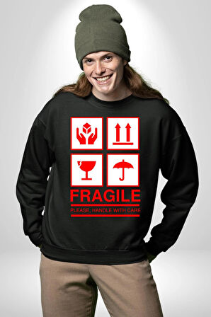 Kırılabilir - Dikkatli Taşıyınız İşareti Erkek Kadın Unisex Dijital Baskılı Siyah Sweatshirt