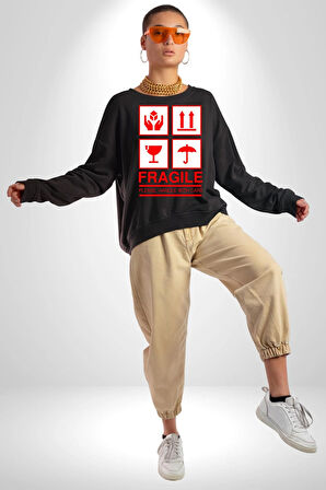 Kırılabilir - Dikkatli Taşıyınız İşareti Erkek Kadın Unisex Dijital Baskılı Siyah Sweatshirt