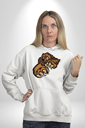 Öfkeli Ayı Pençesi - Güç ve Yırtıcılık Teması Erkek Kadın Beyaz Dijital Baskılı Kapüşonlu Sweatshirt Hoodie