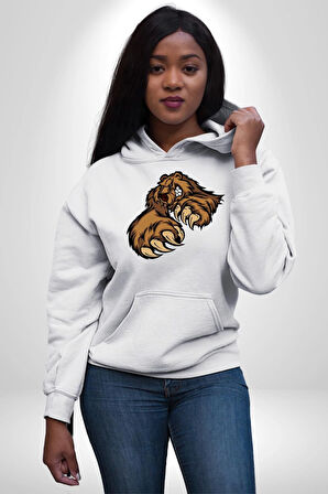 Öfkeli Ayı Pençesi - Güç ve Yırtıcılık Teması Erkek Kadın Beyaz Dijital Baskılı Kapüşonlu Sweatshirt Hoodie