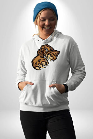 Öfkeli Ayı Pençesi - Güç ve Yırtıcılık Teması Erkek Kadın Beyaz Dijital Baskılı Kapüşonlu Sweatshirt Hoodie