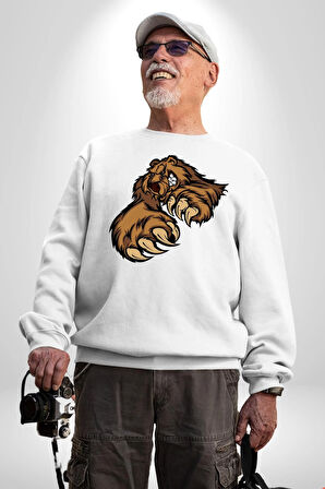 Öfkeli Ayı Pençesi - Güç ve Yırtıcılık Teması Erkek Kadın Unisex Dijital Baskılı Beyaz Sweatshirt