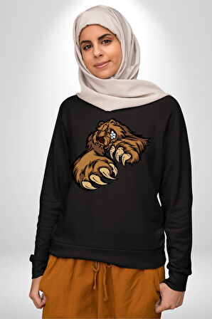 Öfkeli Ayı Pençesi - Güç ve Yırtıcılık Teması Erkek Kadın Unisex Dijital Baskılı Siyah Sweatshirt