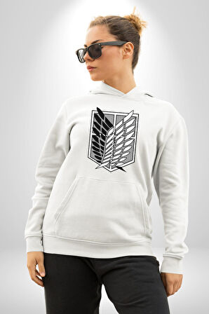 Survey Corps Sembolü (Attack on Titan) Erkek Kadın Beyaz Dijital Baskılı Kapüşonlu Sweatshirt Hoodie