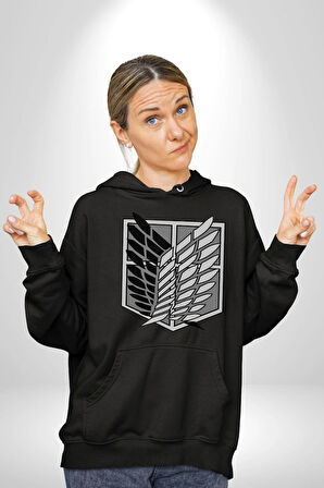 Survey Corps Sembolü (Attack on Titan) Erkek Kadın Siyah Dijital Baskılı Kapüşonlu Sweatshirt Hoodie