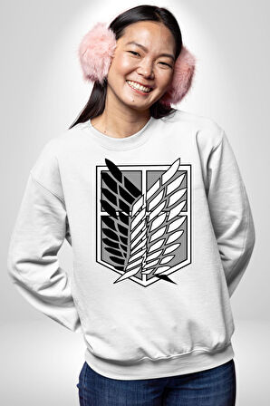 Survey Corps Sembolü (Attack on Titan) Erkek Kadın Unisex Dijital Baskılı Beyaz Sweatshirt