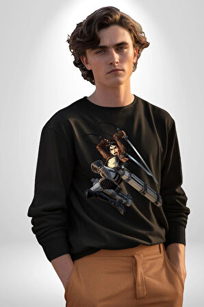 Eren Yeager (Attack on Titan) Erkek Kadın Unisex Dijital Baskılı Siyah Sweatshirt