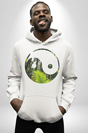 Doğa Silueti Erkek Kadın Beyaz Dijital Baskılı Kapüşonlu Sweatshirt Hoodie