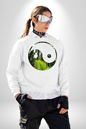 Doğa Silueti Erkek Kadın Unisex Dijital Baskılı Beyaz Sweatshirt