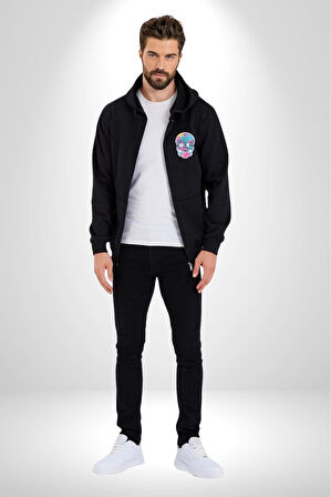 Şeker Kafatası (Day of the Dead) Erkek Kadın Siyah Fermuarlı Baskılı Hırka Sweatshirt