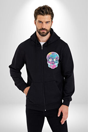 Şeker Kafatası (Day of the Dead) Erkek Kadın Siyah Fermuarlı Baskılı Hırka Sweatshirt