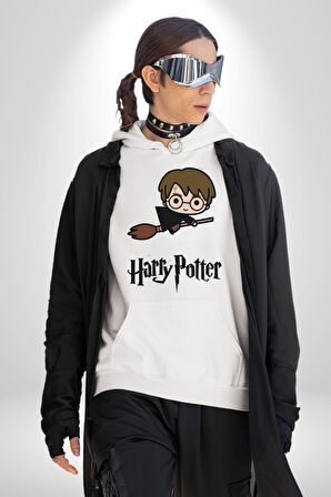 Harry Potter Chibi Magic Erkek Kadın Beyaz Dijital Baskılı Kapüşonlu Sweatshirt Hoodie