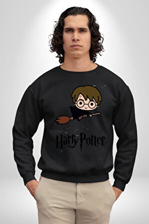 Harry Potter Chibi Magic Erkek Kadın Unisex Dijital Baskılı Siyah Sweatshirt
