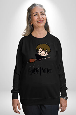 Harry Potter Chibi Magic Erkek Kadın Unisex Dijital Baskılı Siyah Sweatshirt
