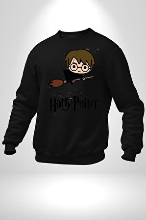 Harry Potter Chibi Magic Erkek Kadın Unisex Dijital Baskılı Siyah Sweatshirt