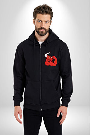 Kırmızı Boğa Maskotu Erkek Kadın Siyah Fermuarlı Baskılı Hırka Sweatshirt