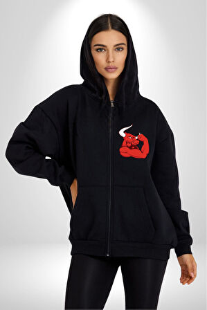 Kırmızı Boğa Maskotu Erkek Kadın Siyah Fermuarlı Baskılı Hırka Sweatshirt