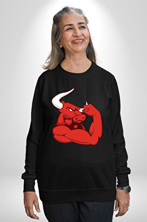 Kırmızı Boğa Maskotu Erkek Kadın Unisex Dijital Baskılı Siyah Sweatshirt