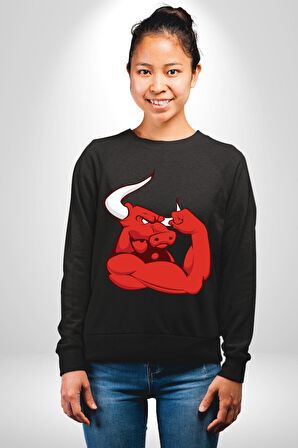 Kırmızı Boğa Maskotu Erkek Kadın Unisex Dijital Baskılı Siyah Sweatshirt
