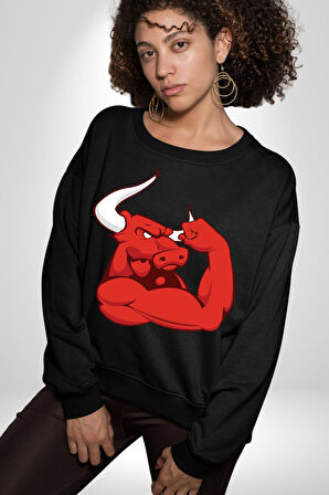 Kırmızı Boğa Maskotu Erkek Kadın Unisex Dijital Baskılı Siyah Sweatshirt
